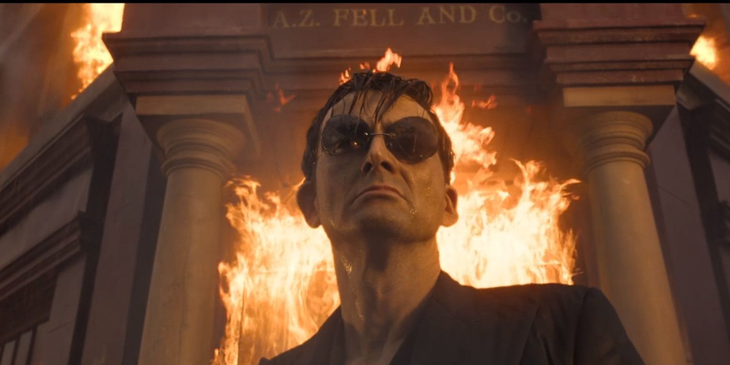 Good Omens Crowley Leaves The Burning Bookshop