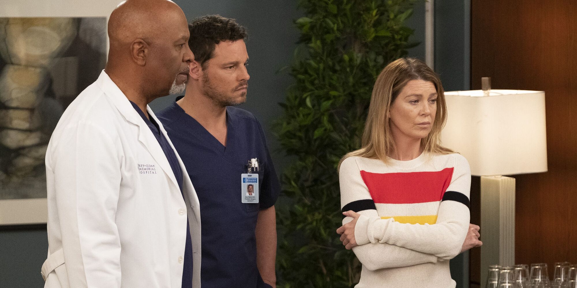 An image of Richard, Alex, and Meredith looking concerned in Grey's Anatomy