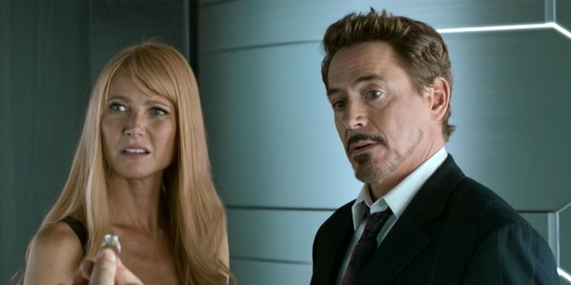 Gwyneth Paltrow as Pepper Potts and Robert Downey Jr as Tony Stark Iron Man in Spider Man Homecoming