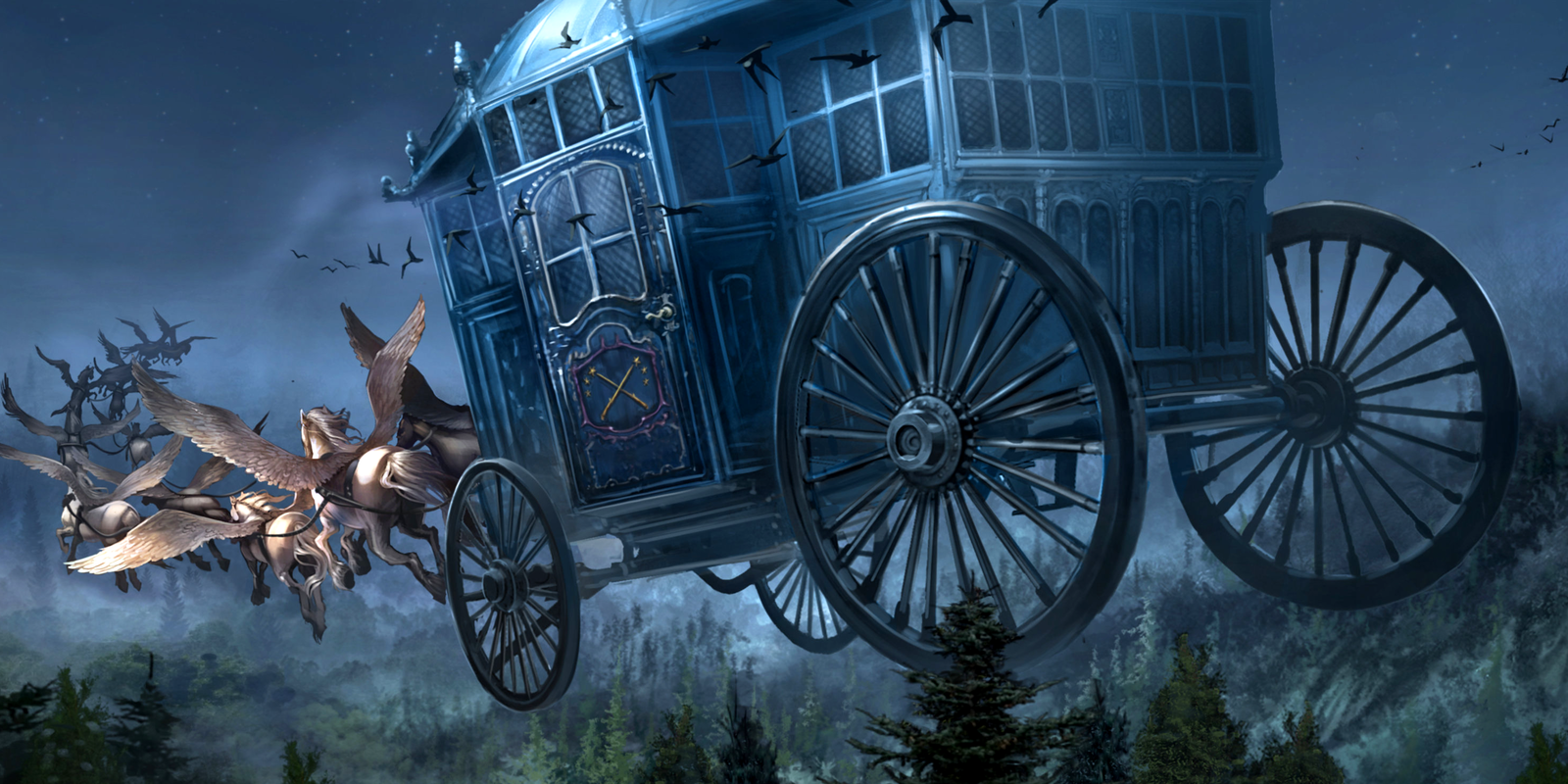 A flying carriage arriving at Beauxbatons in Harry Potter