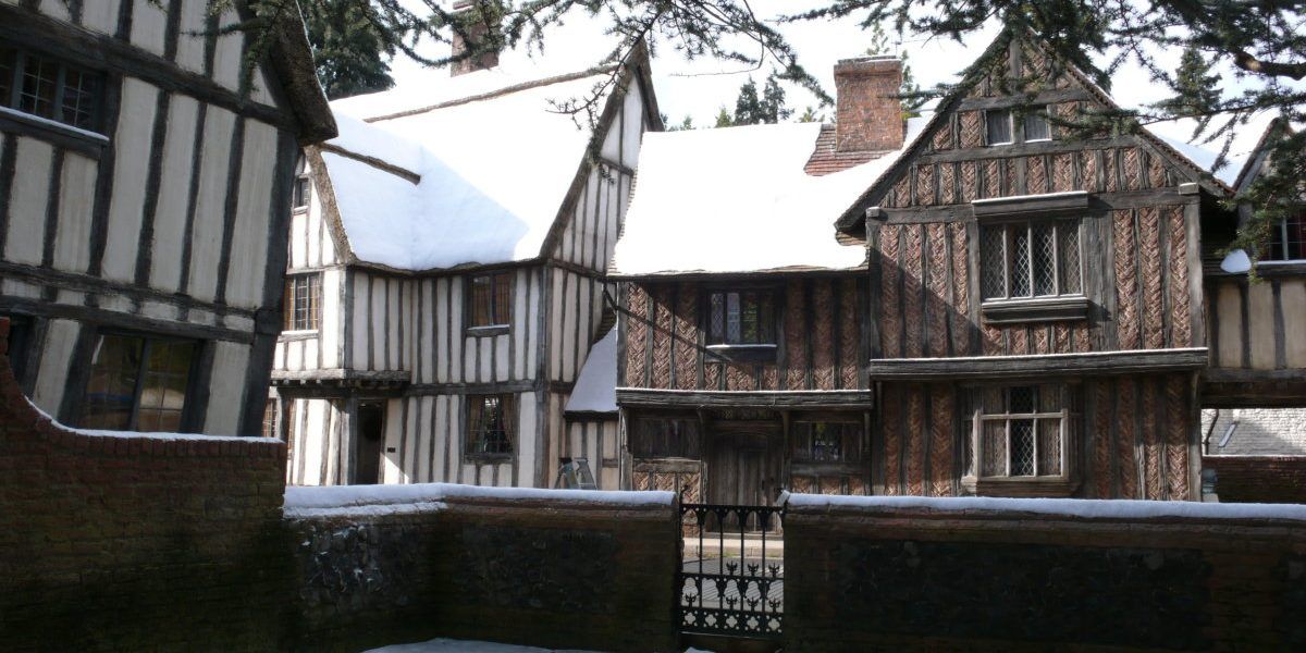 Godric's Hollow in Harry Potter. Beautiful, old-fashioned houses with snow on the rooftops