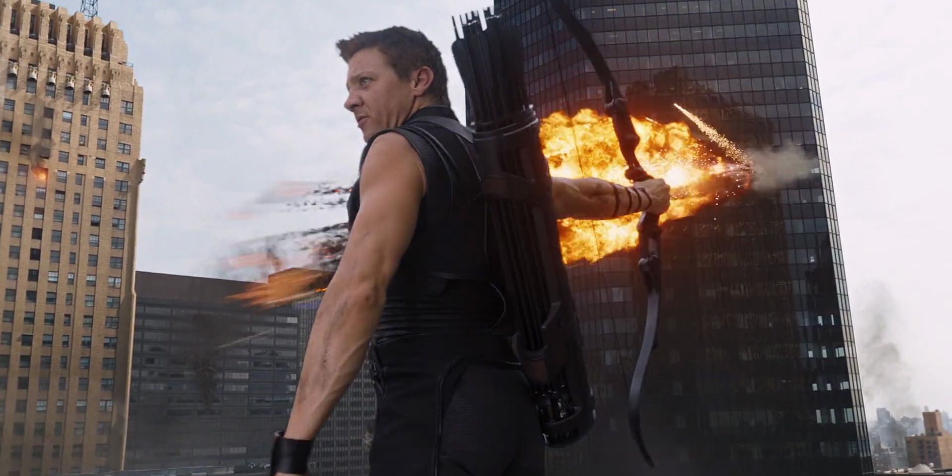 Hawkeye fighting in the Battle of New York in The Avengers