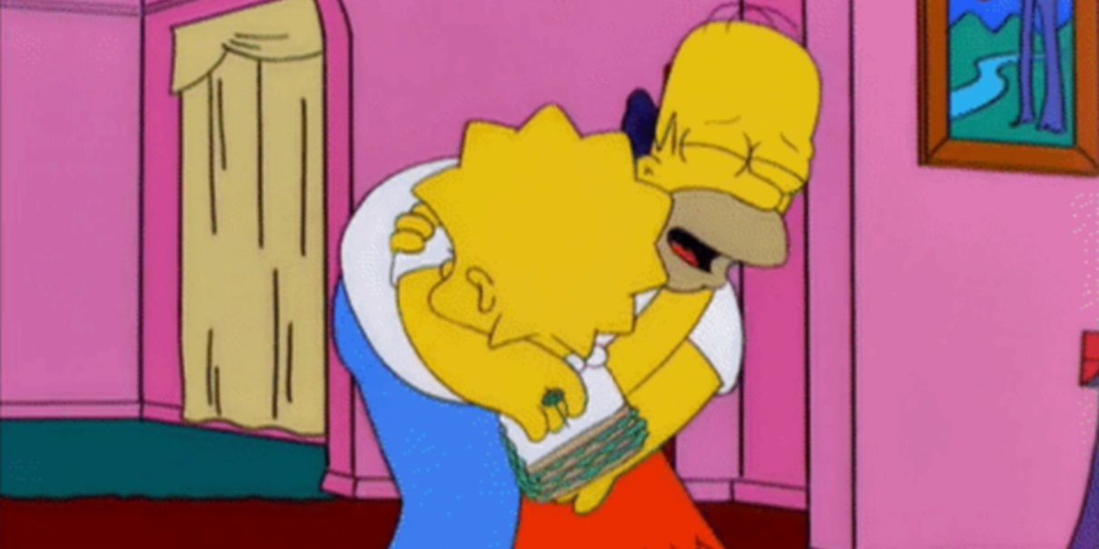 Lisa and Homer hugging as Homer holds a sandwich in The Simpsons