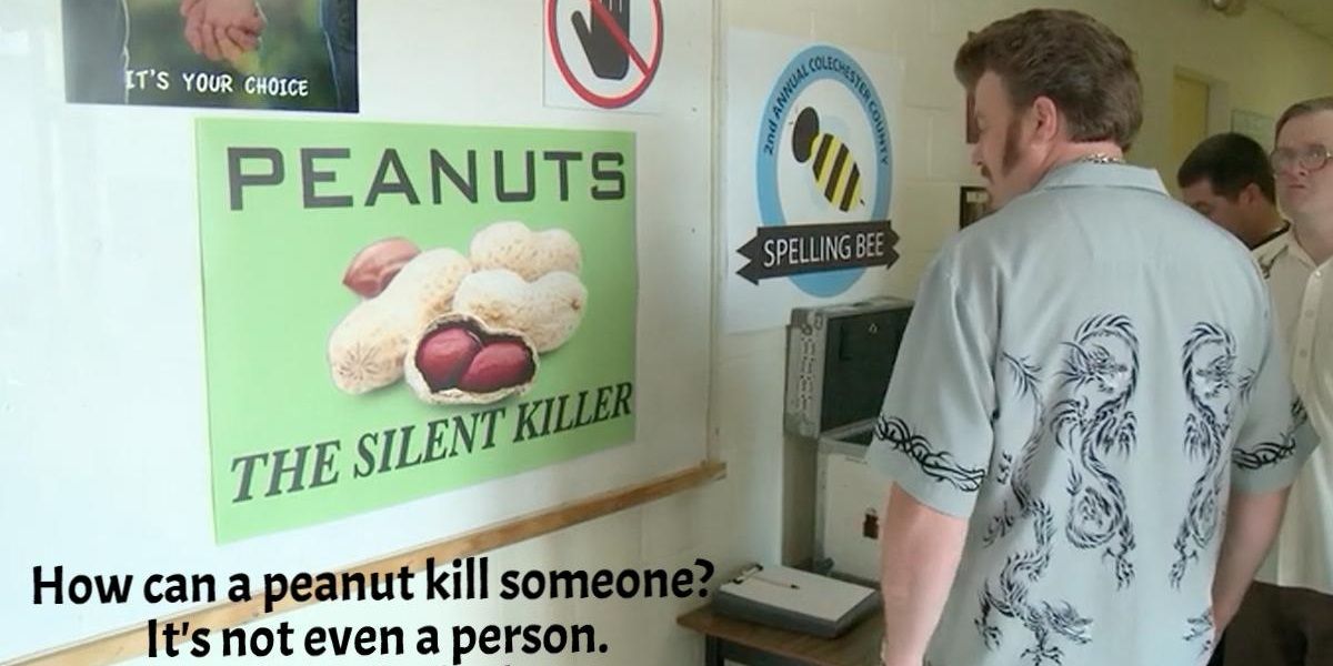 Ricky looks at a sign about peanuts in Trailer Park Boys