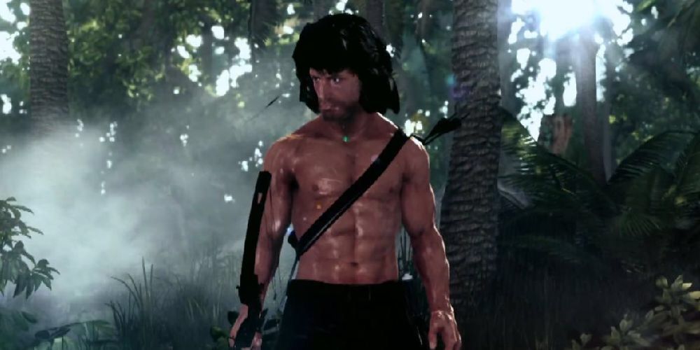 John Rambo standing in a jungle in The Rambo Video Game