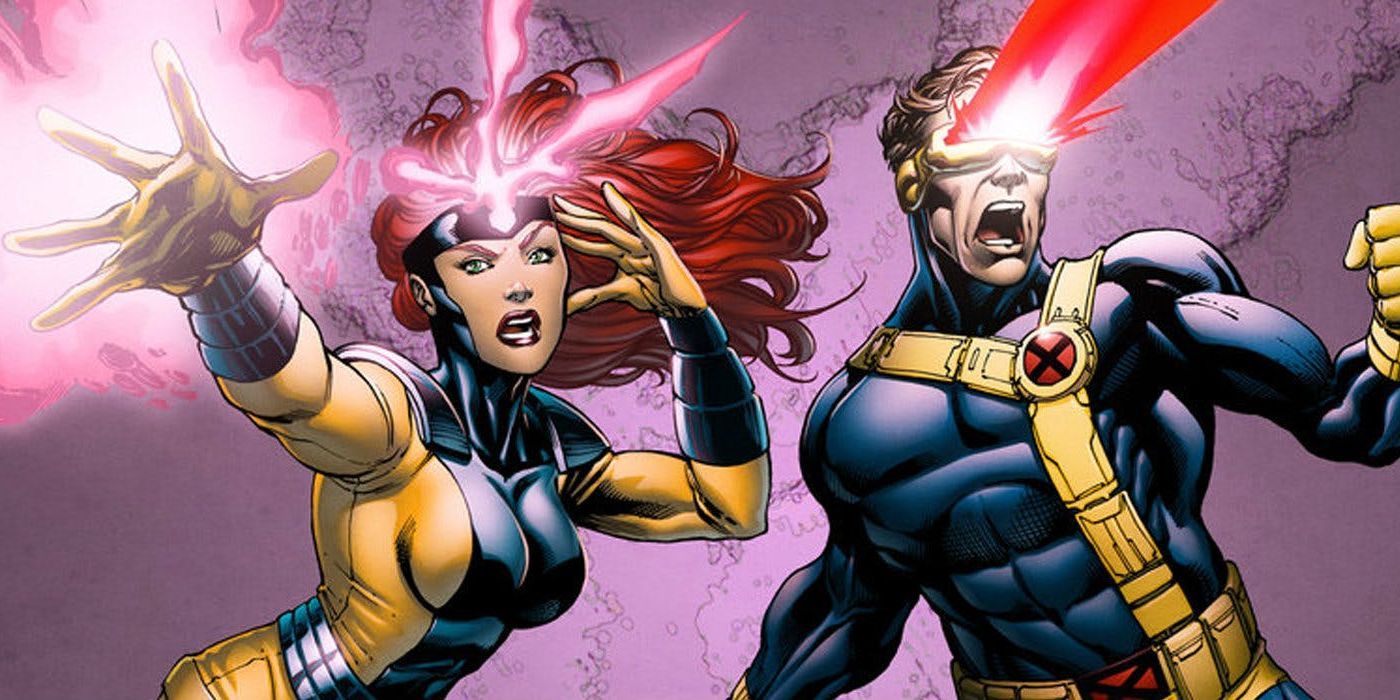 Jean Grey and Cyclops shooting lasers from their heads in an X-Men comic