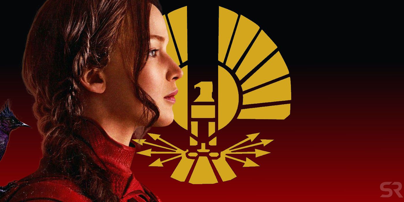 Jennifer Lawrence como Katniss Everdeen frente a la bandera de Panem de la franquicia Los juegos del hambre.