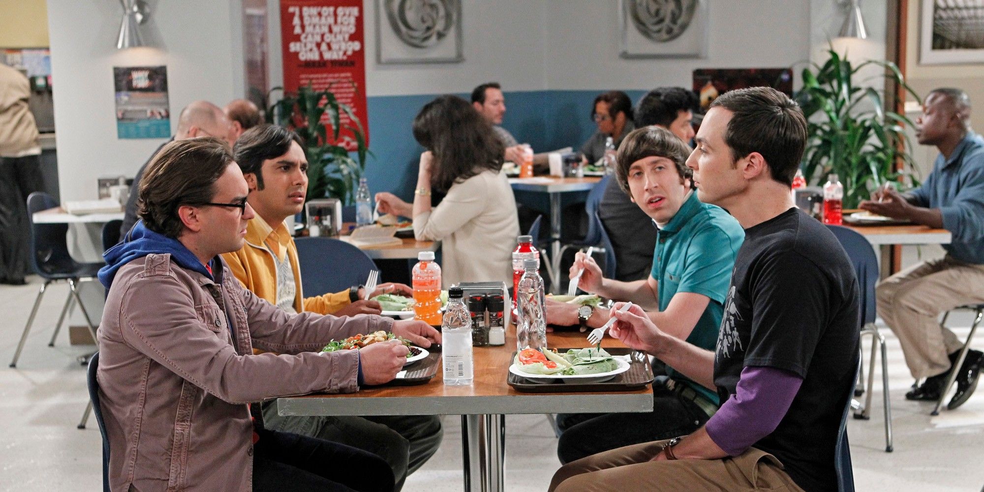 Leonard, Raj, Howard, and Sheldon have lunch at Caltech in The Big Bang Theory
