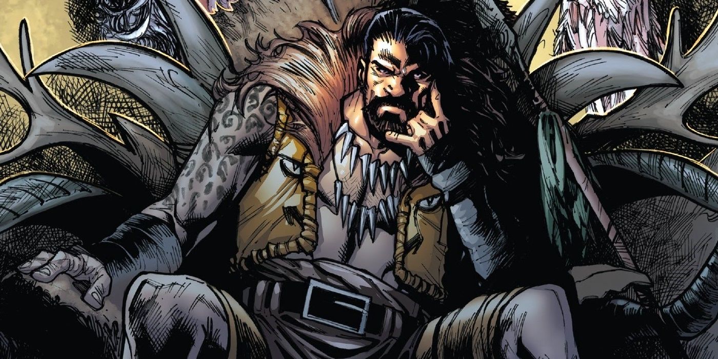 Kraven the Hunter sitting in his chair, wearing a tooth necklace