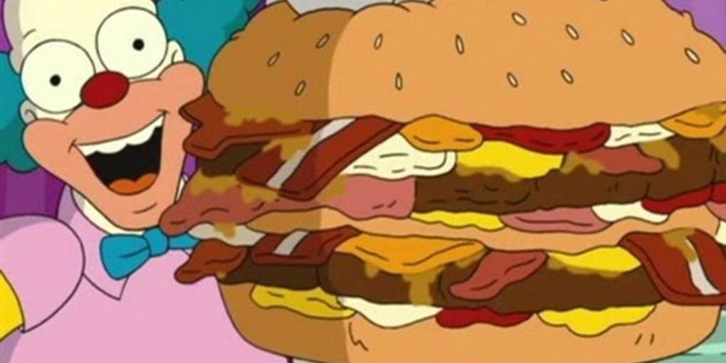 Krusty and a huge Krusty Burger in the Krusty Burger commerical in the Simpsons