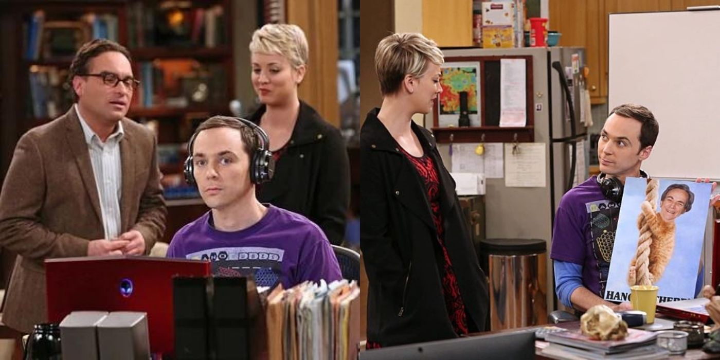 Leonard and Penny standing behind Sheldon during an experiment on The Big Bang Theory