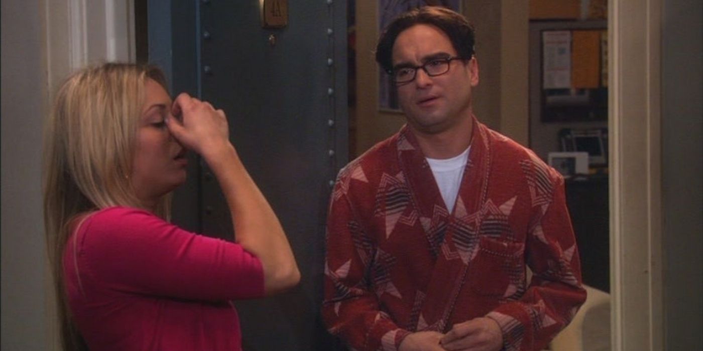 Leonard talking to a drunk Penny at the door on The Big Bang Theory