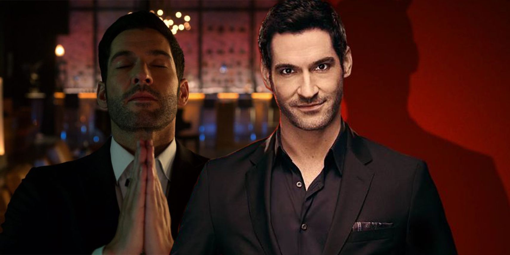 A collage of the Lucifer character from the show praying and looking angelic and looking devilish and smiling