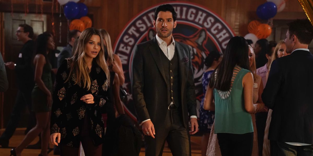 Chloe and Lucifer in school gym for reunion in Lucifer