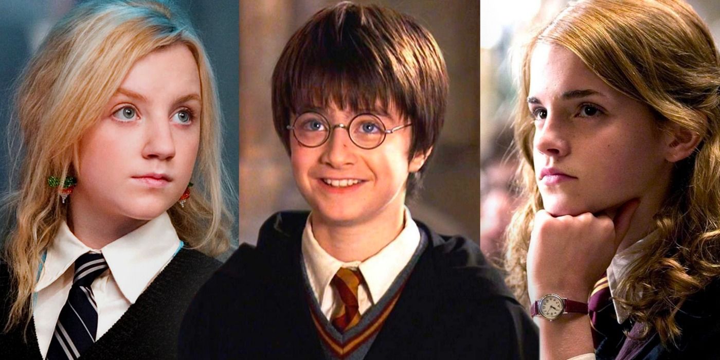 A split image depicts Luna Lovegood, Harry Potter, and Hermione Granger in the Harry Potter franchise
