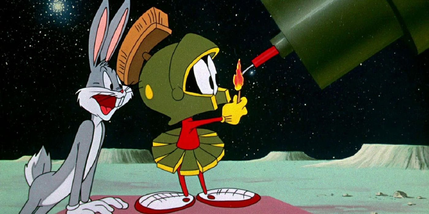 Marvin the Martian lighting a fuse with bugs bunny