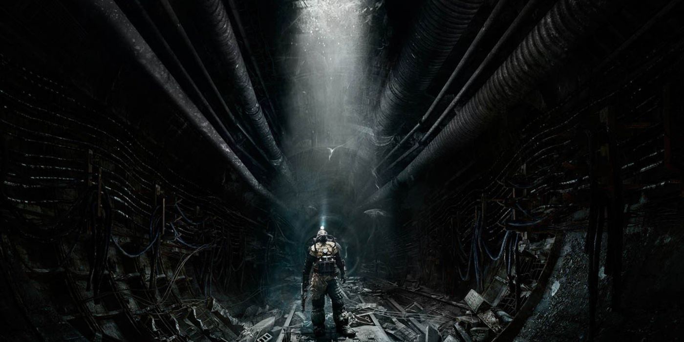 A singular figure stands in a shaft of light from Metro: Last Light