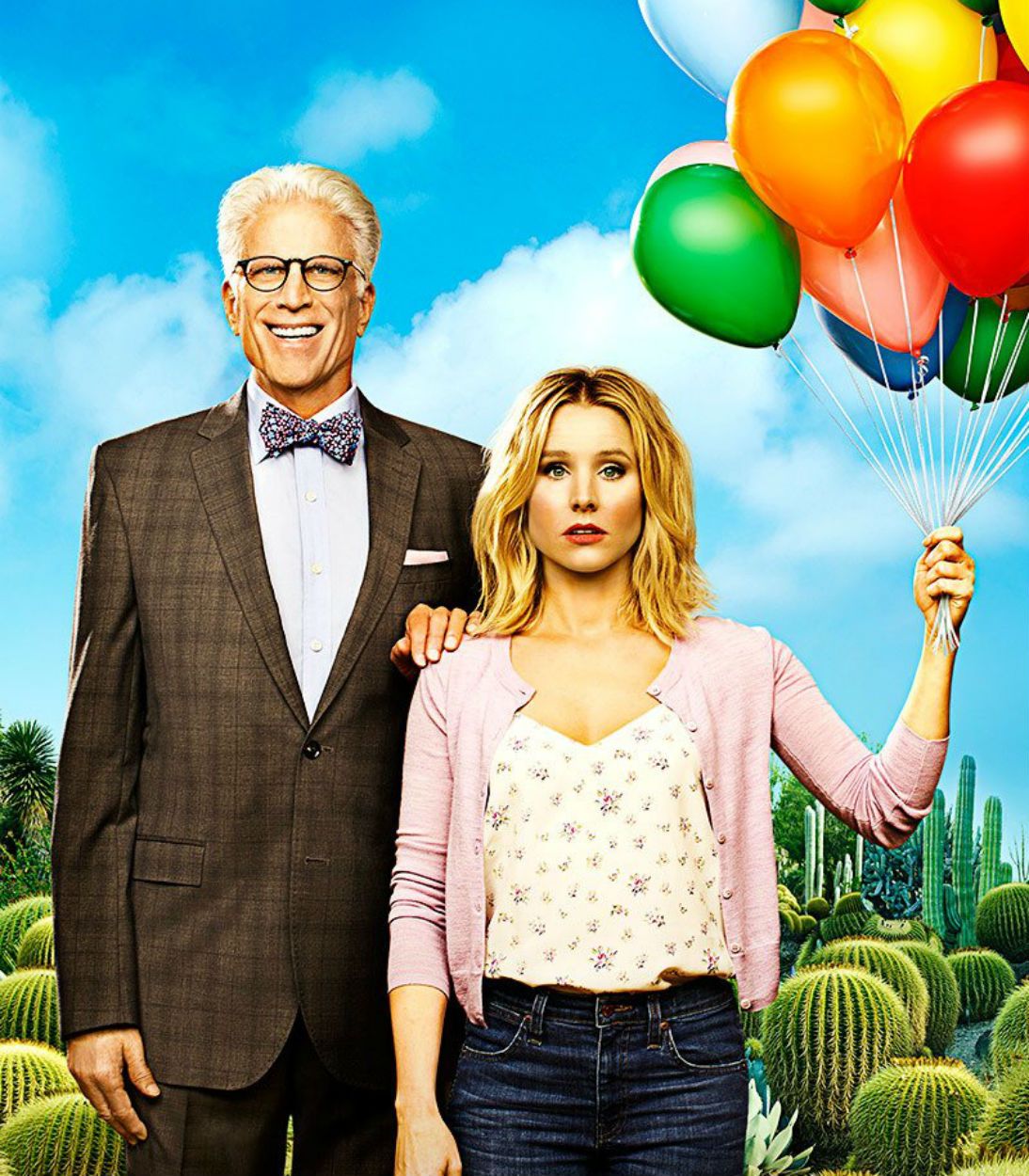 Michel and Eleanor with balloons on The Good Place