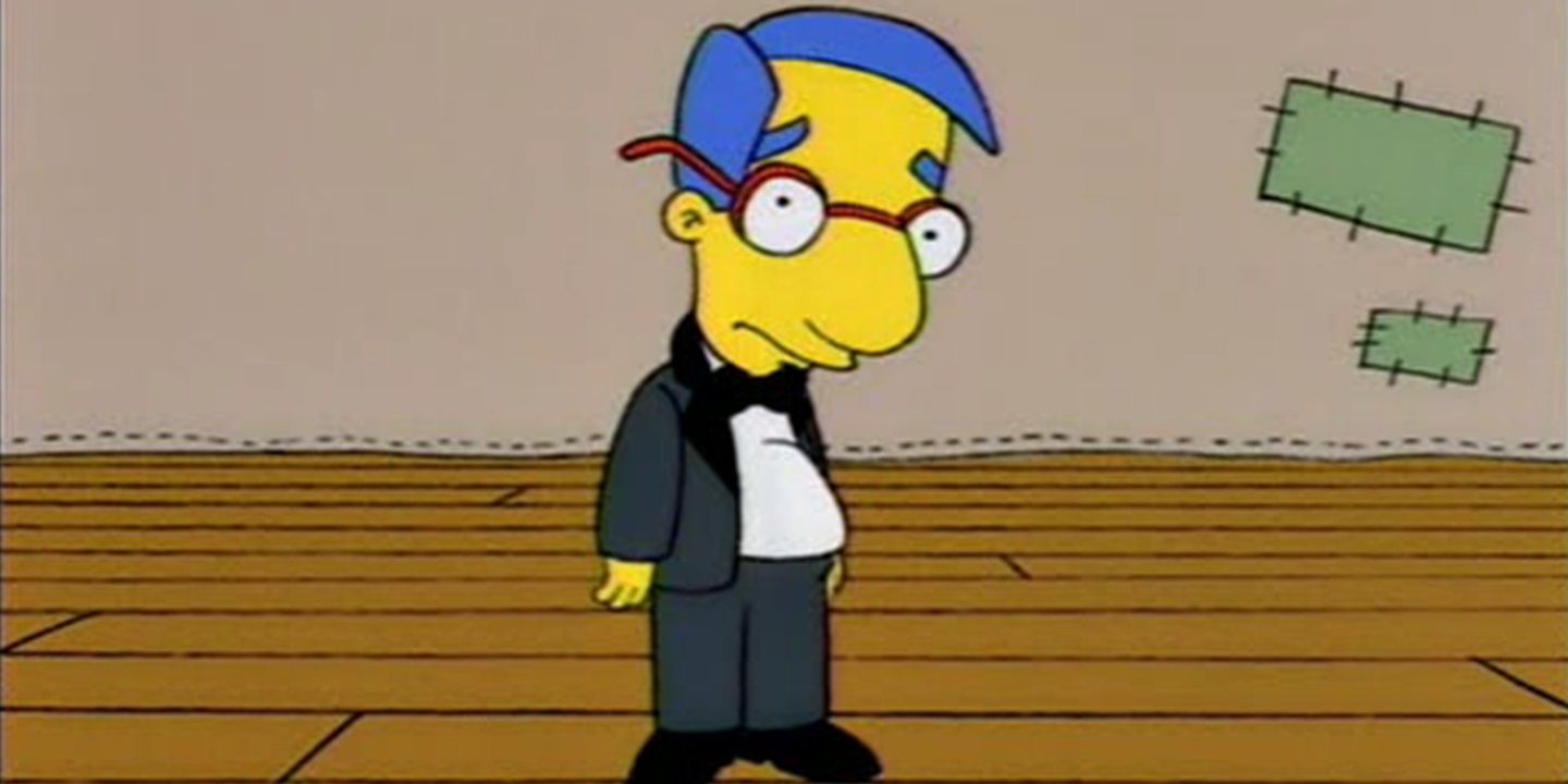 Milhouse parece triste enquanto está elegantemente vestido nos Simpsons