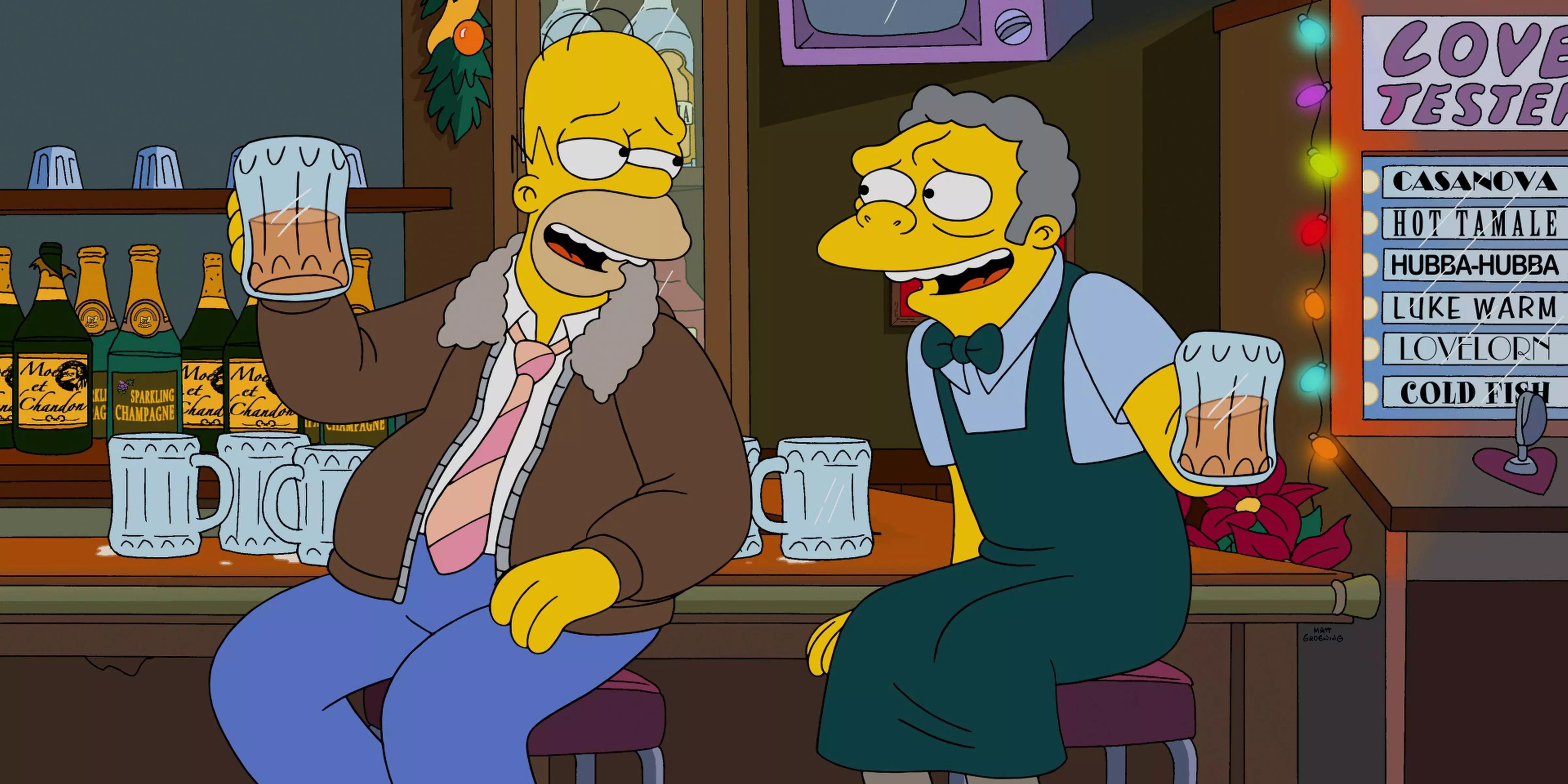 Homer has a chat with Moe while having a drink