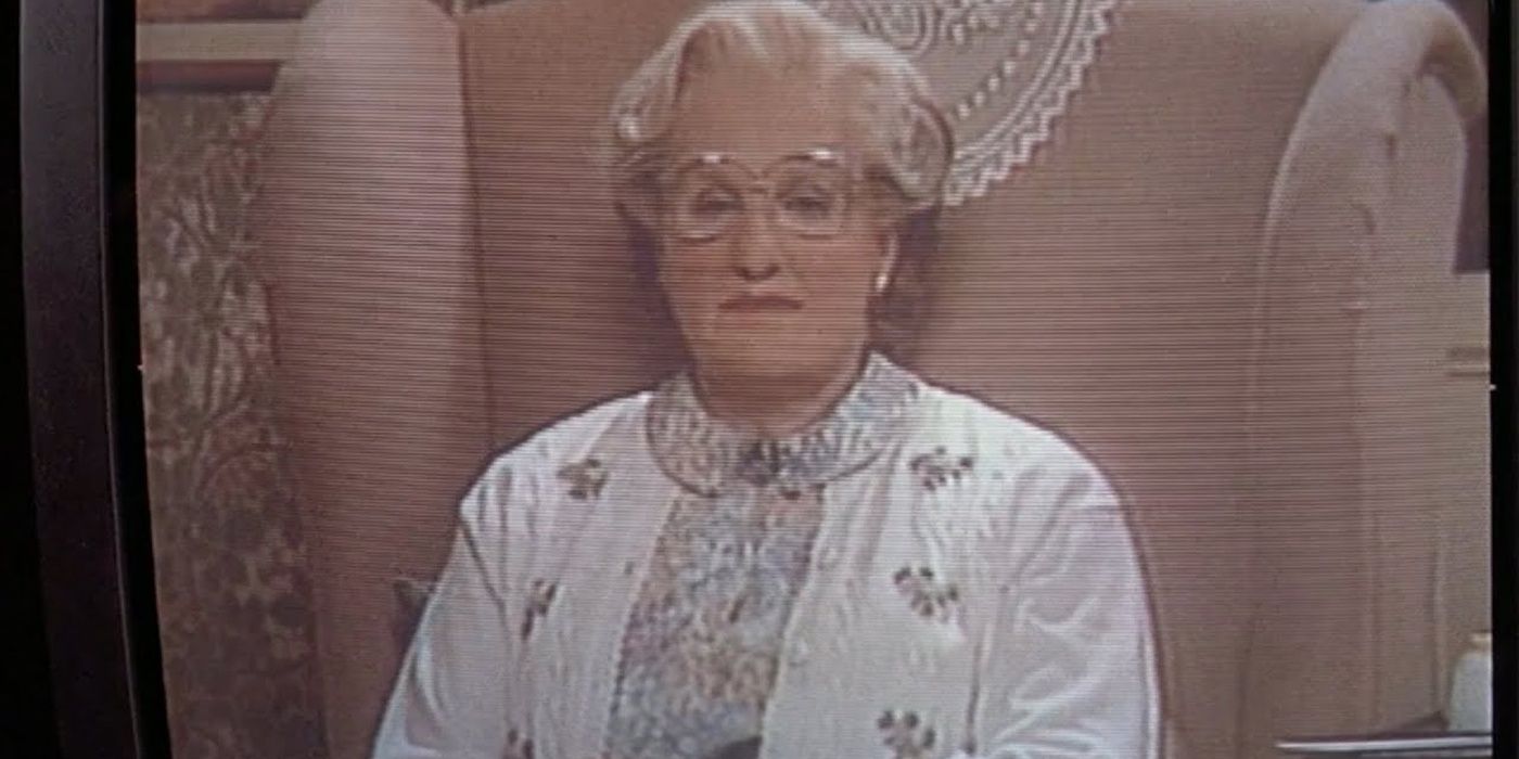 Mrs. Doubtfire talking to the audience on TV