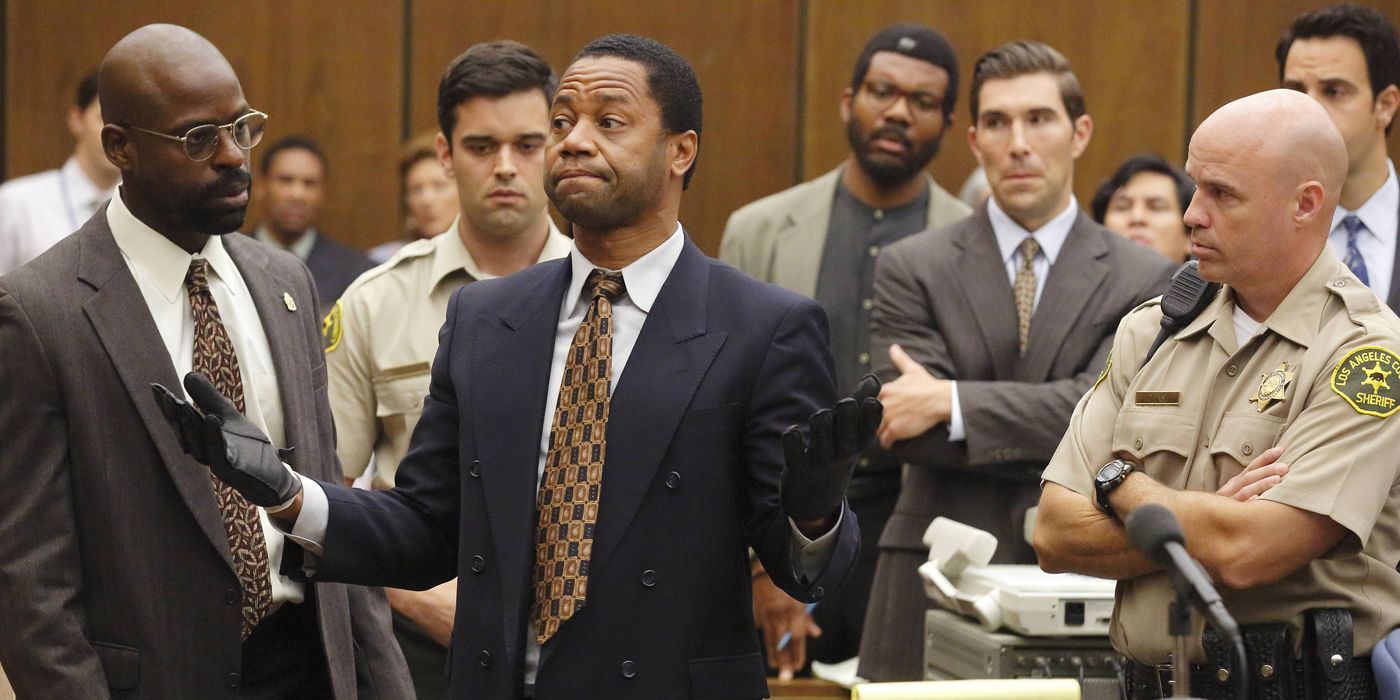 An image of Cuba Gooding Jr's OJ Simpson in the courtroom in The People vs. OJ Simpson: American Crime Story