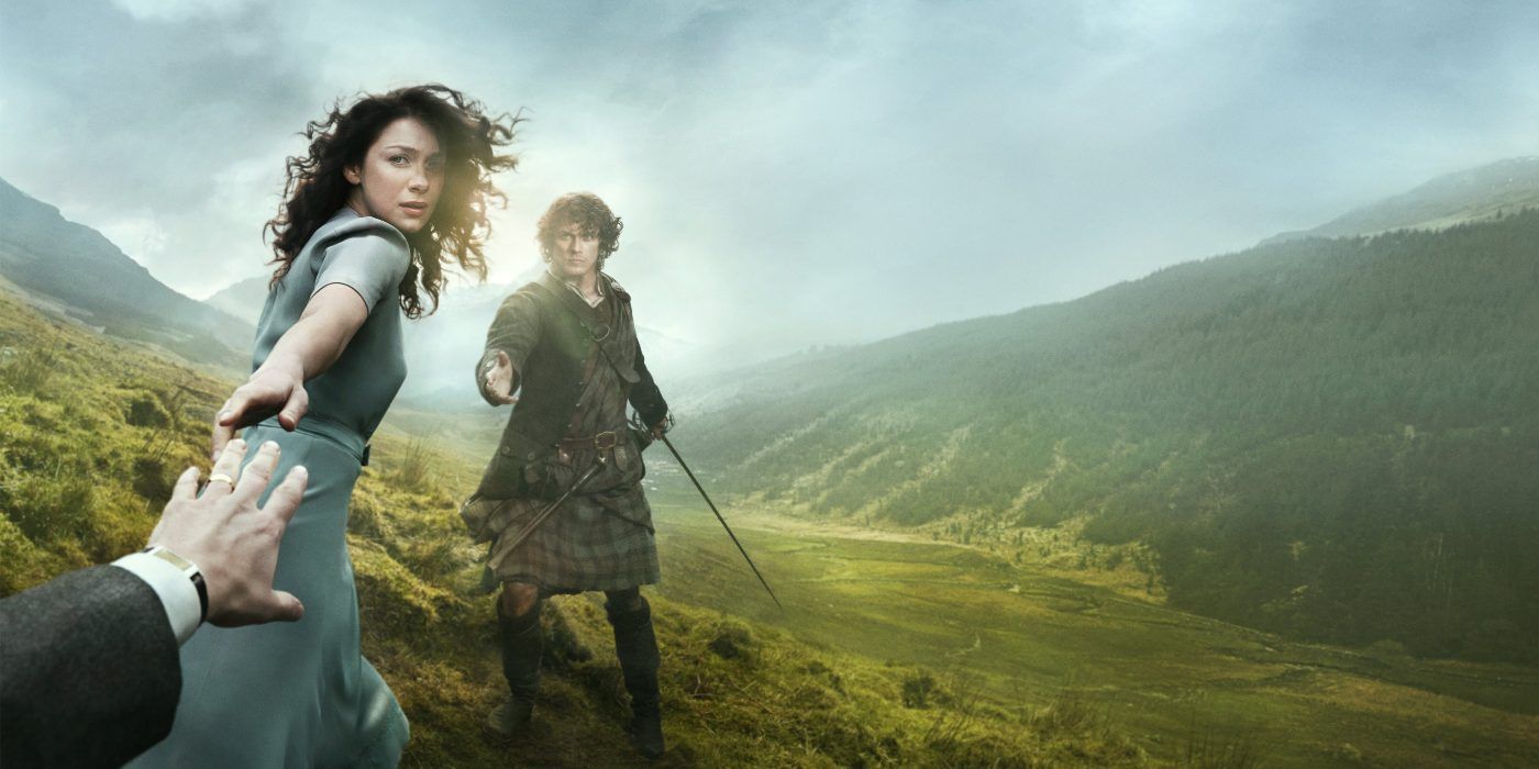 Catriona Balfe and Sam Heughan appear in costume in the Scottish Highlands for a promotional shoot for Outlander