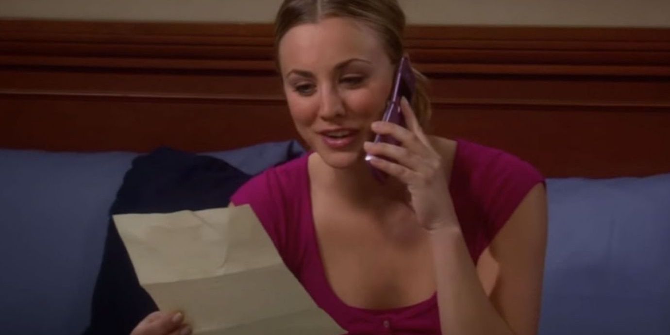 Penny on the phone with Sheldon reading a letter on The Big Bang Theory