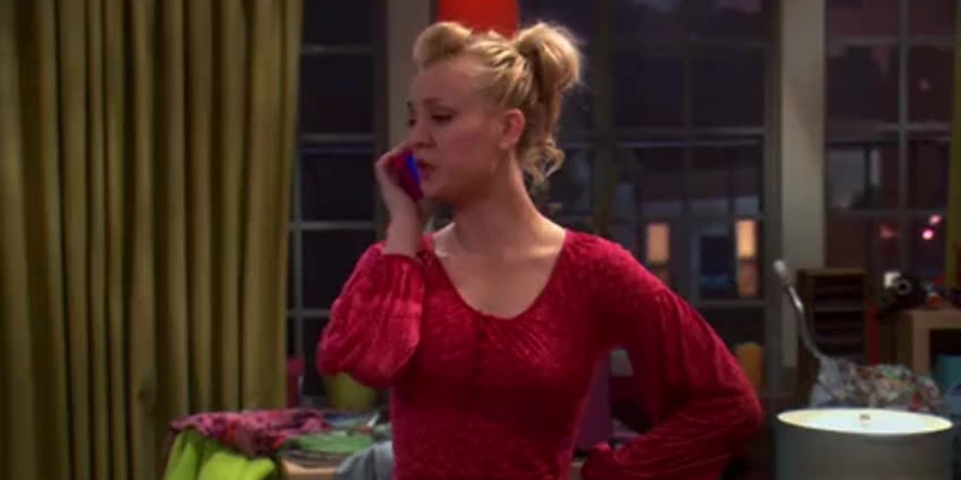 Penny on the phone with Sheldon's mom on The Big Bang Theory