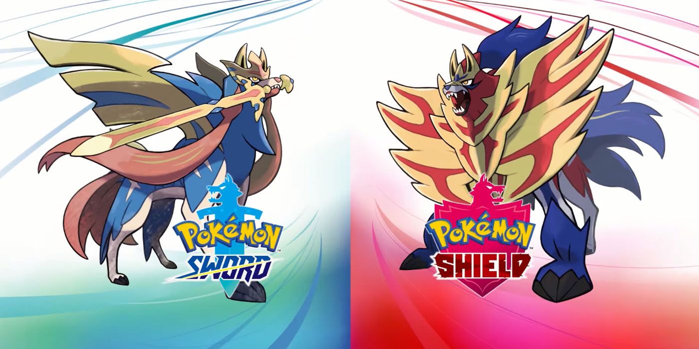 Split image featuring the game mascots and logos from Pokémon Sword &amp; Shield