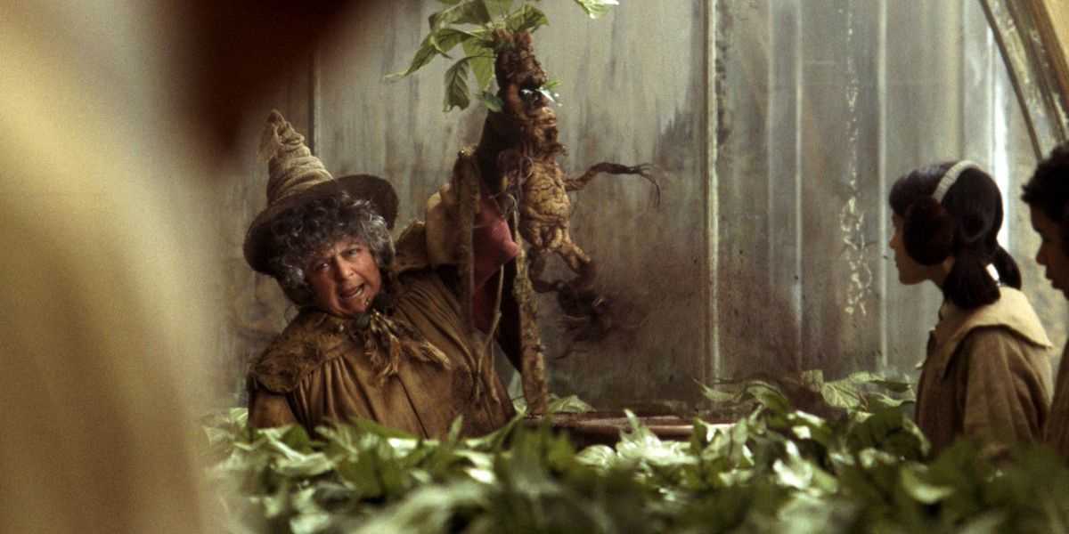 Pomona Sprout from Harry Potter and the Chamber of Secrets holding a Mandrake
