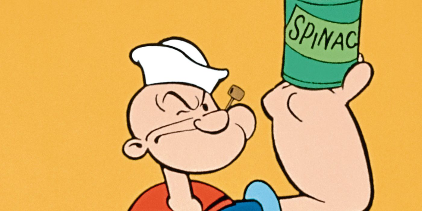Popeye holds up a can of spinach in the cartoons 