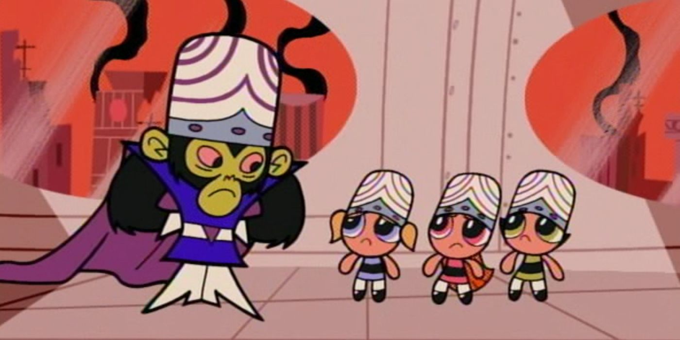 Mojo with the powerpugg girls in the Powerpuff Girls