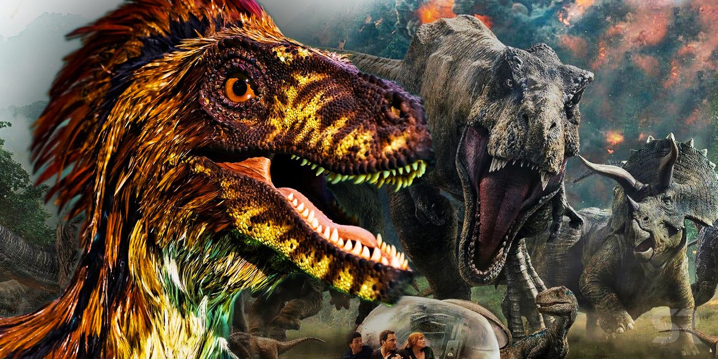 Raptor with feathers and T-Rex in Jurassic World