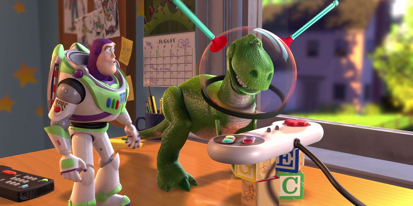 Rex and Buzz playing a video game in Toy Story 2