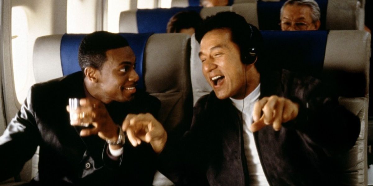 Chris Tucker and Jackie Chan on a plane in Rush Hour