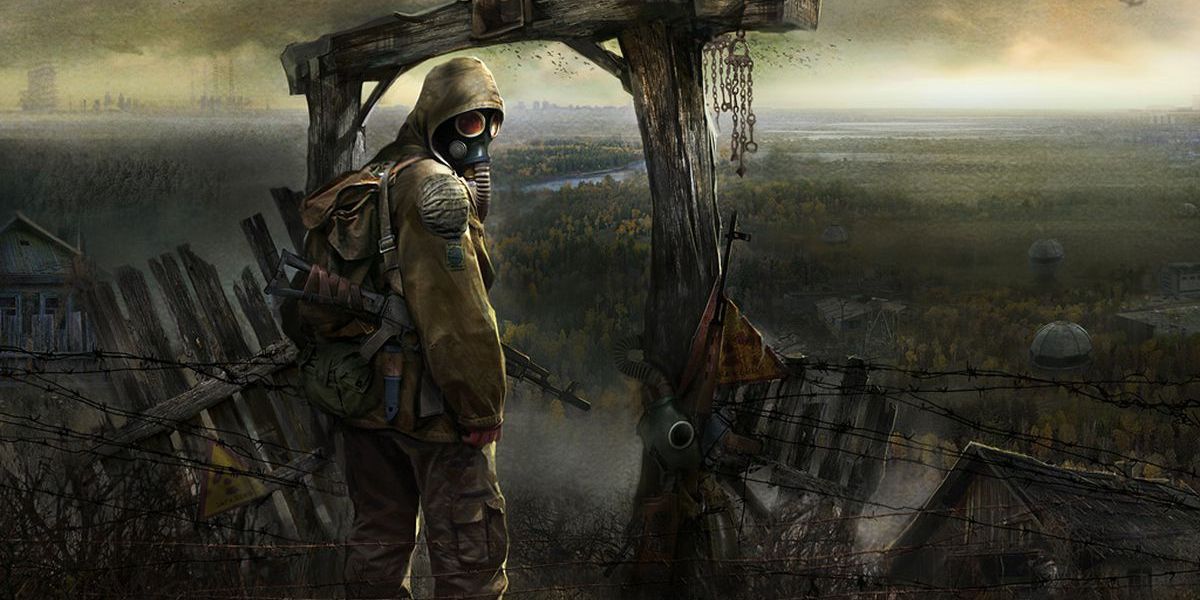 A gas-mask wearing figure stands over a barren wasteland from STALKER, with a rifle tucked under their shoulder.