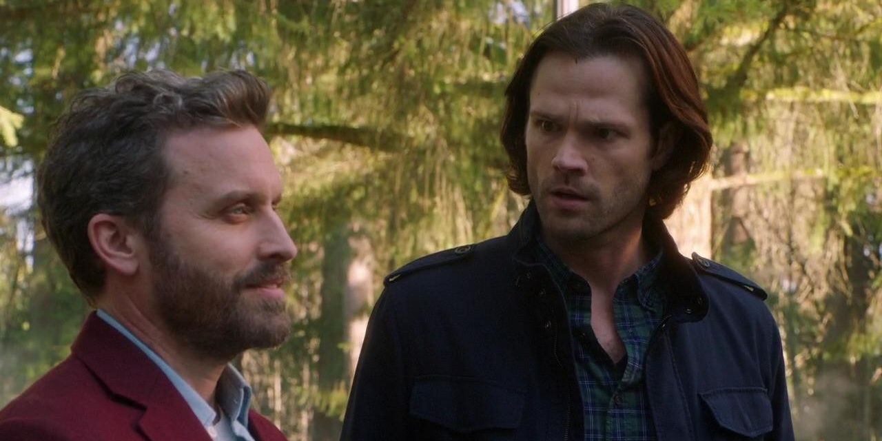 Chuck smiles as a shocked Sam looks at him on Supernatural