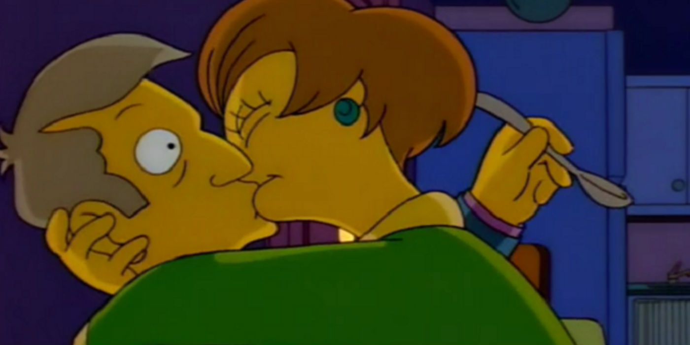Edna kisses a surprised Mr. Skinner in The Simpsons