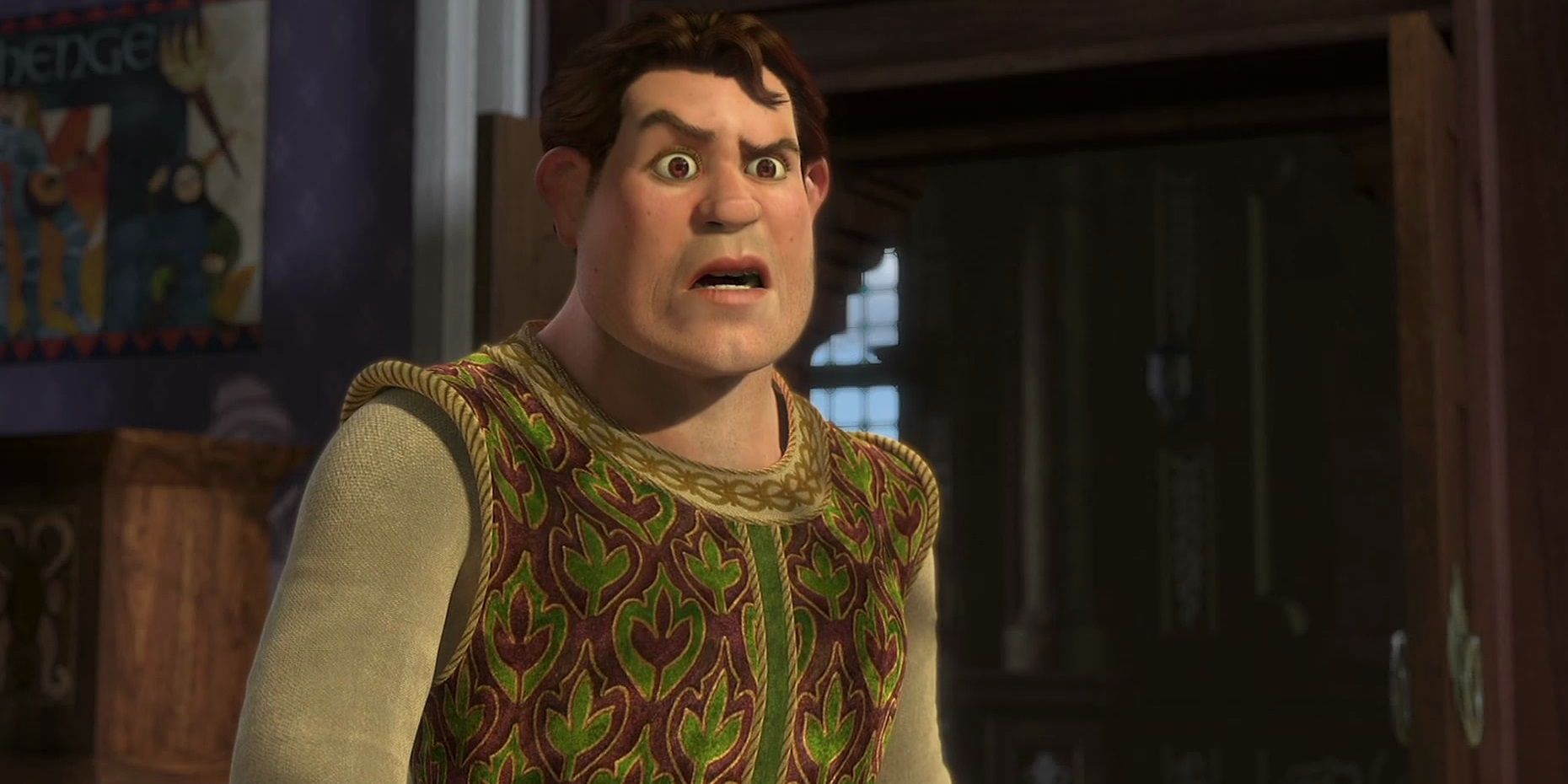 A human Shrek wearing a shocked expression.