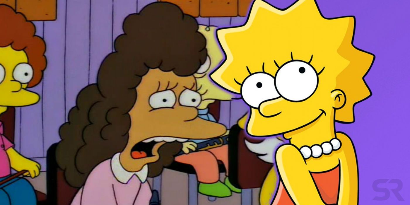 Janey looking upset and Lisa smiling in The Simpsons.