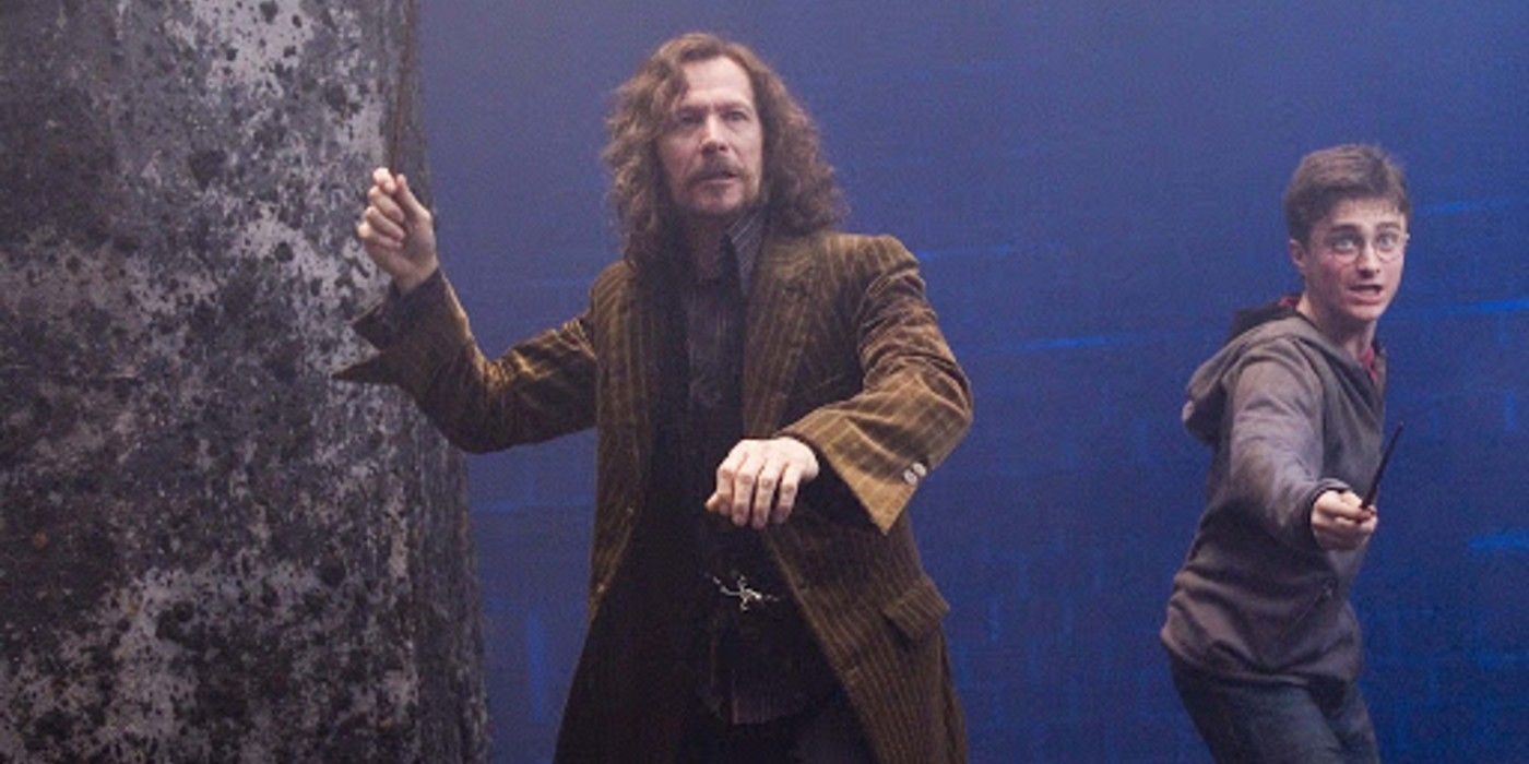 Sirius Black and Harry Potter dueling side by side in Harry Potter and the Order of the Phoenix.