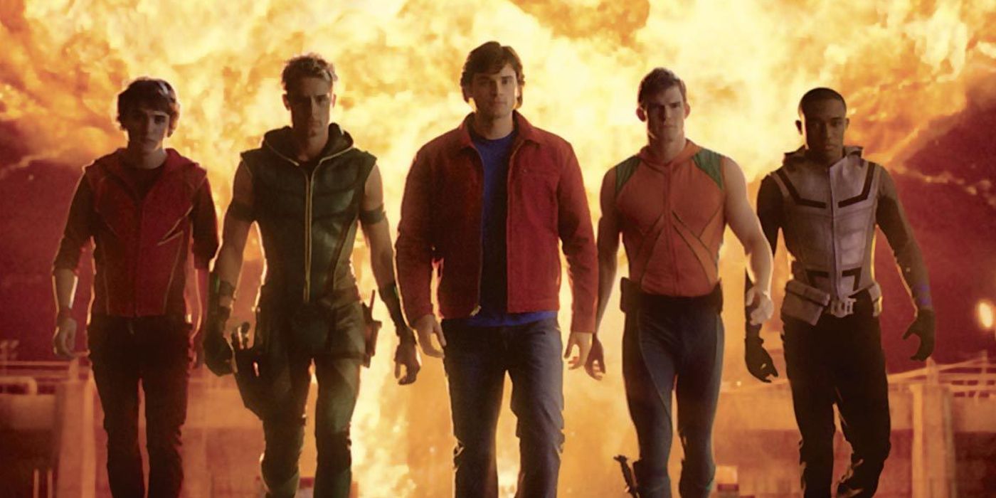The Justice League walks away from a massive fore explosion in Smallville.