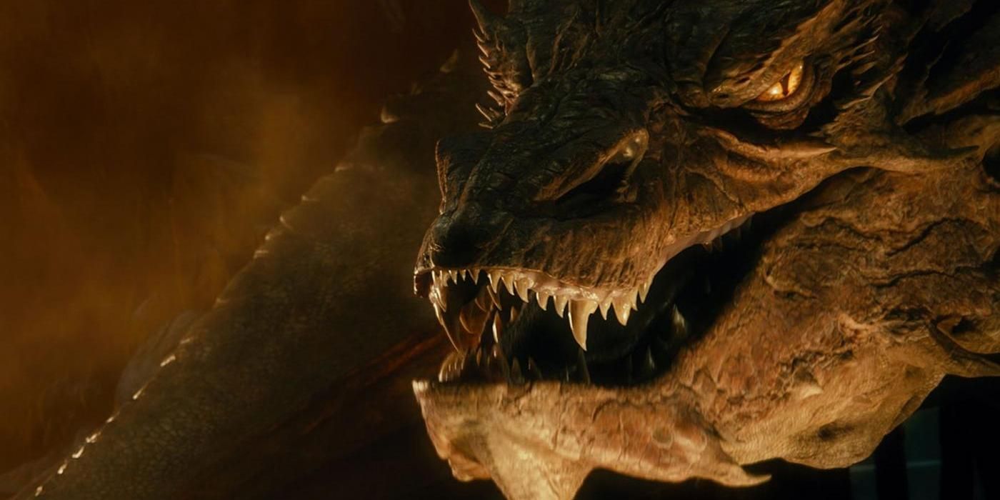 Smaug's yellow eyes and huge mouth.
