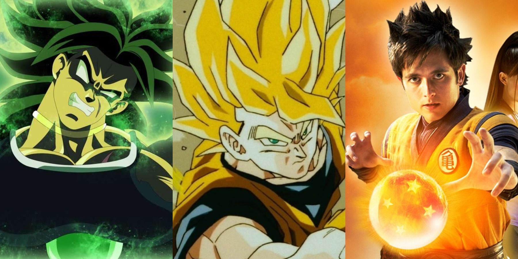 Split image of Broly in Dragon Ball Super, Goku in Dragon Ball Z, and Goku in Dragonball Evolution