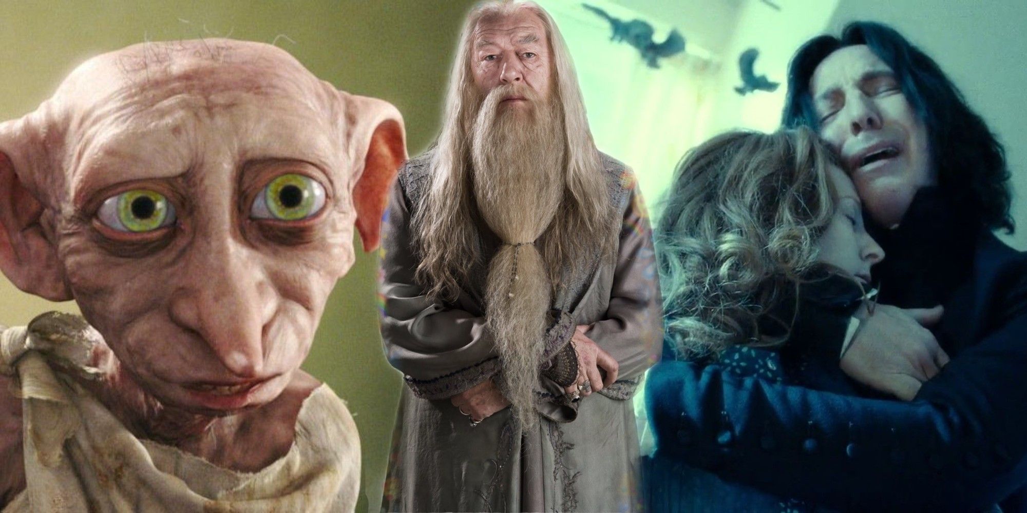 Split image of Dobby, Dumbledore and Snape in the Harry Potter movies