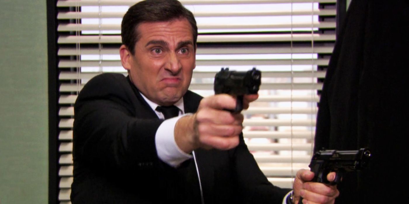 Michael Scott firing guns in The Office Threat Level Midnight