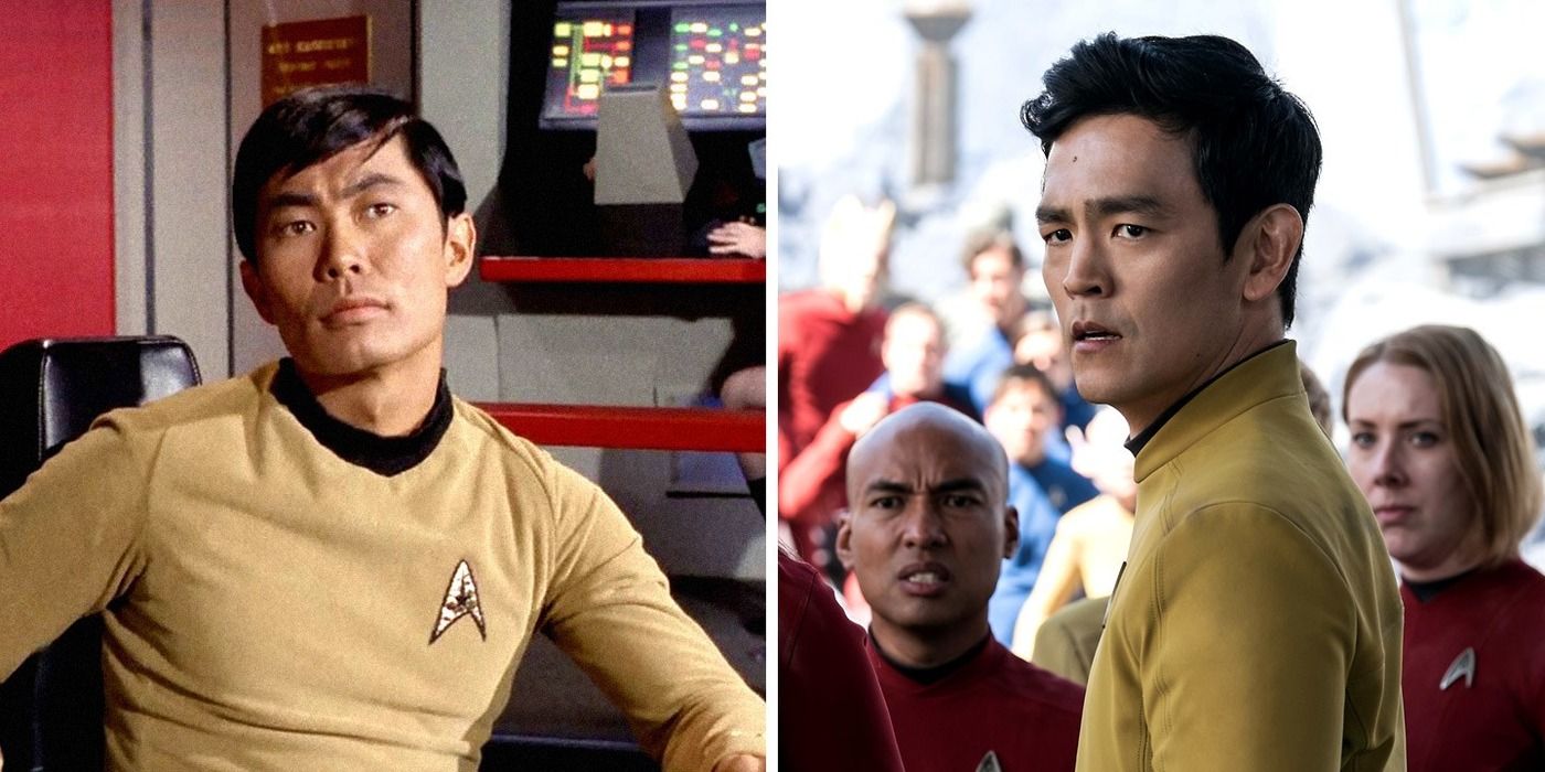 Split image of George Takei and John Cho as Sulu in Star Trek