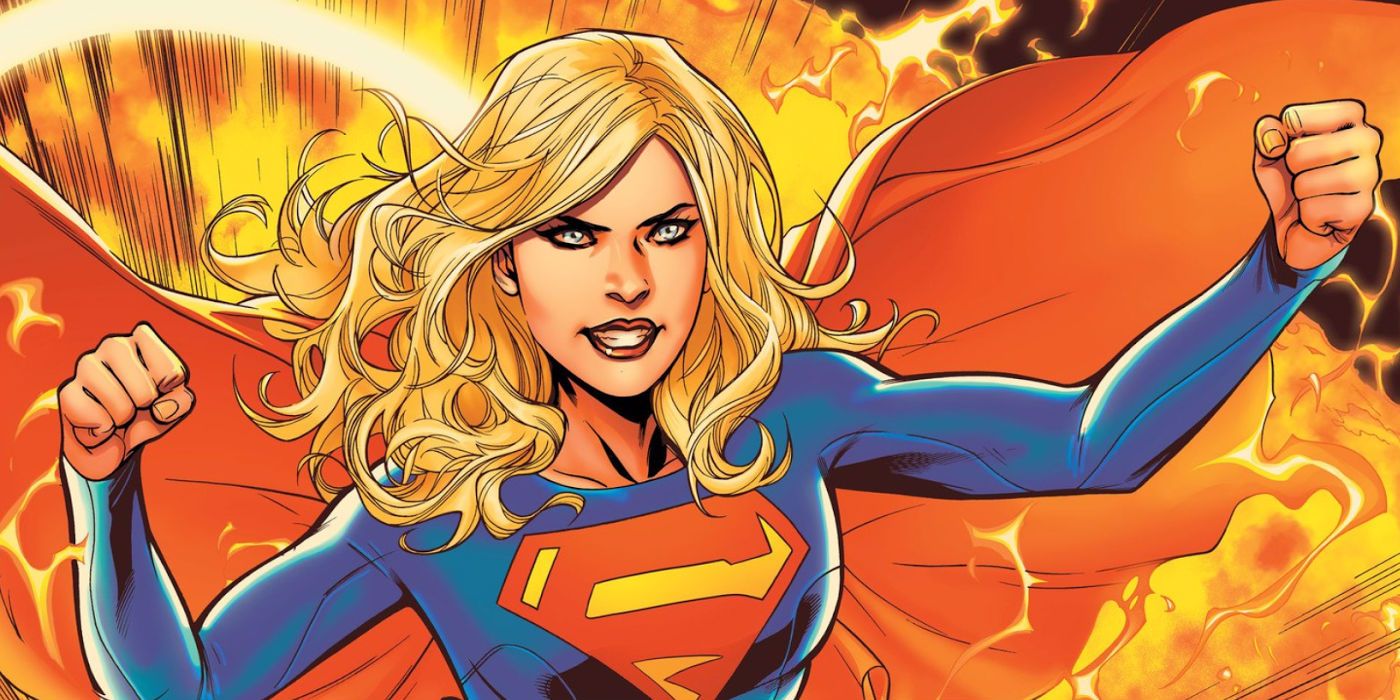 Supergirl glying and smiling in DC Comics.