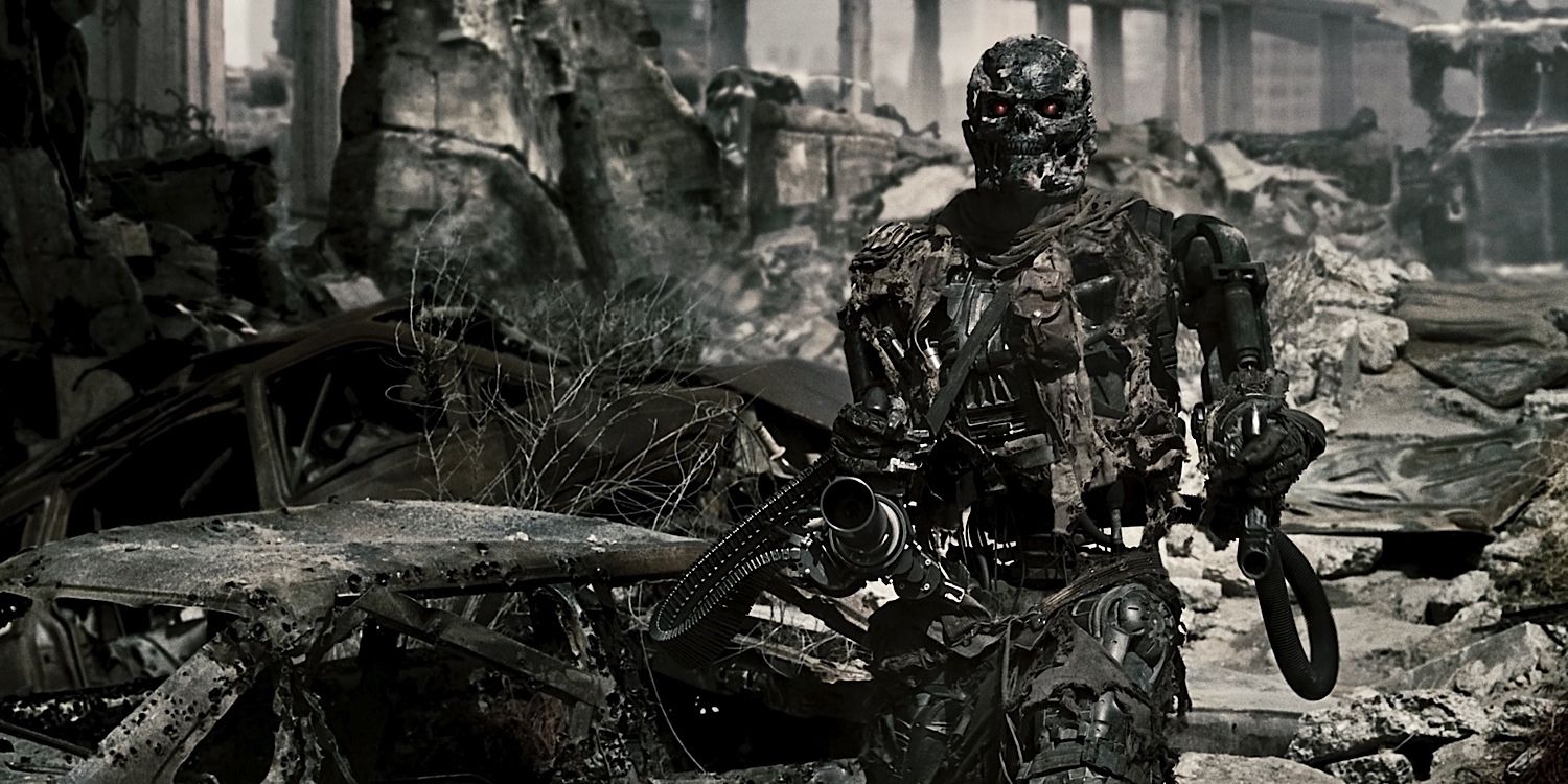 A Terminator skeleton with a mini-gun in Terminator Salvation